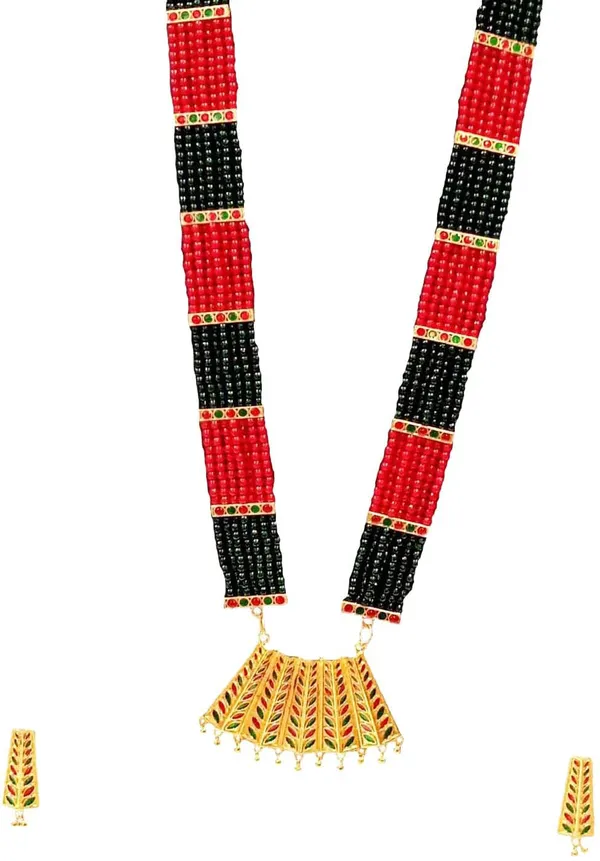 Assamese_Traditional_Gold_Plated_Red_Green_Colour_Tassel_Jewellery_Set_For_Women